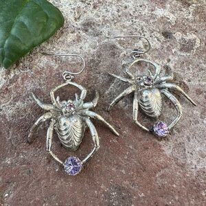VSA Once Upon a Time Spider Hook Earrings  Silver Plated Purple Swarovski